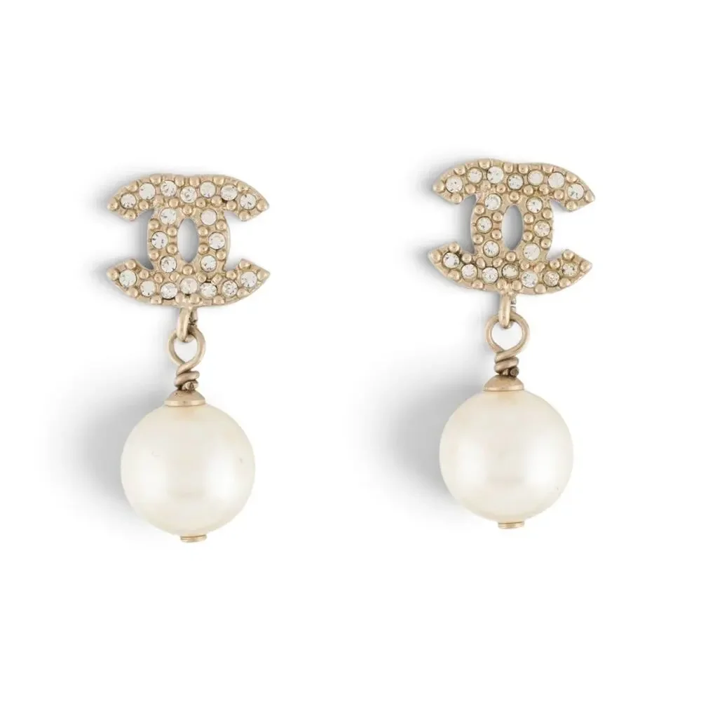 Chanel Faux Pearl & Strass CC Logo Drop Earrings